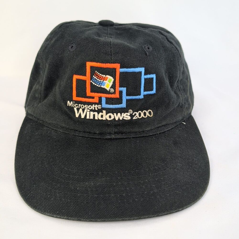 Vintage Microsoft Windows 2000 Dell Hat Cap Black Promo Tech Strapback OSFA Mens